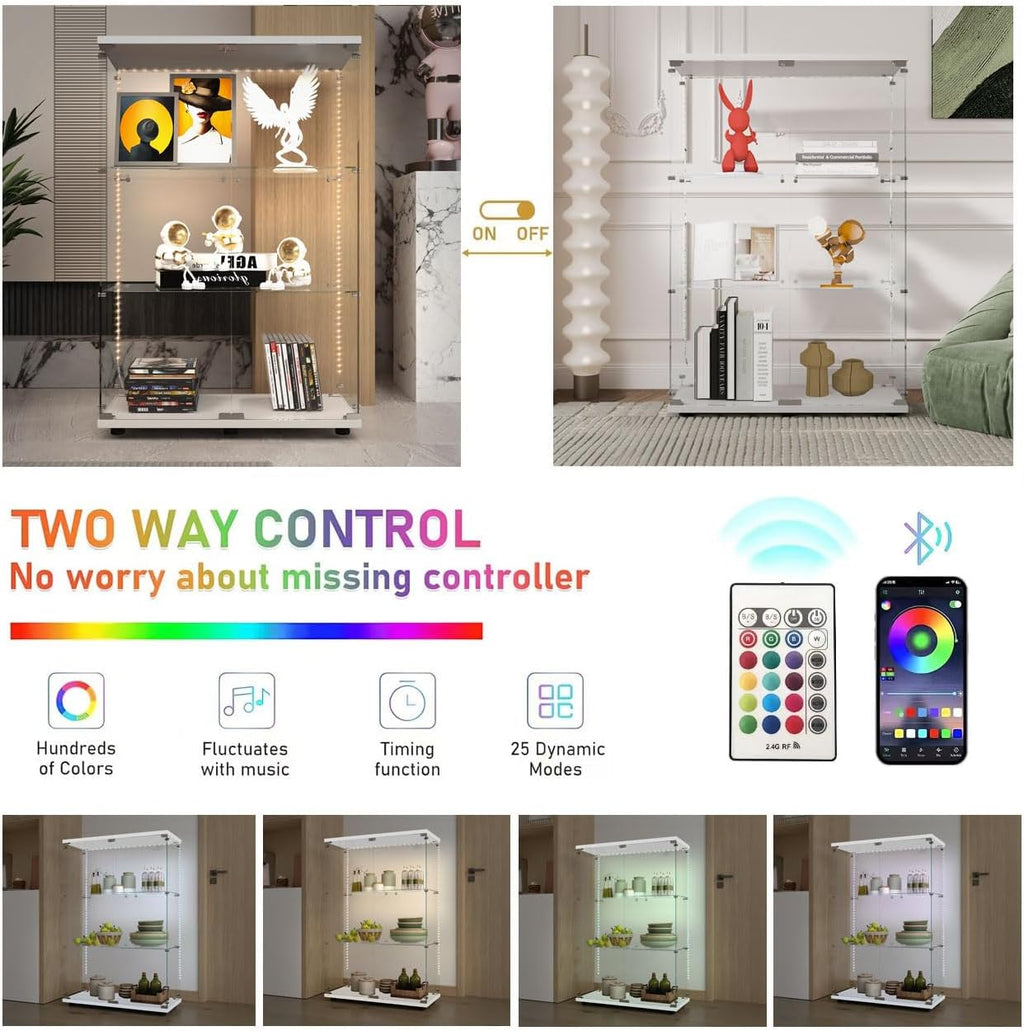 Glass Display Cabinet with LED Lights Elegant Double Doors 3 Shelves Glass Curio Cabinet with Lock 49.3' High Glass Curio Display Cabinet Showcase for Living Room,Bedroom,White