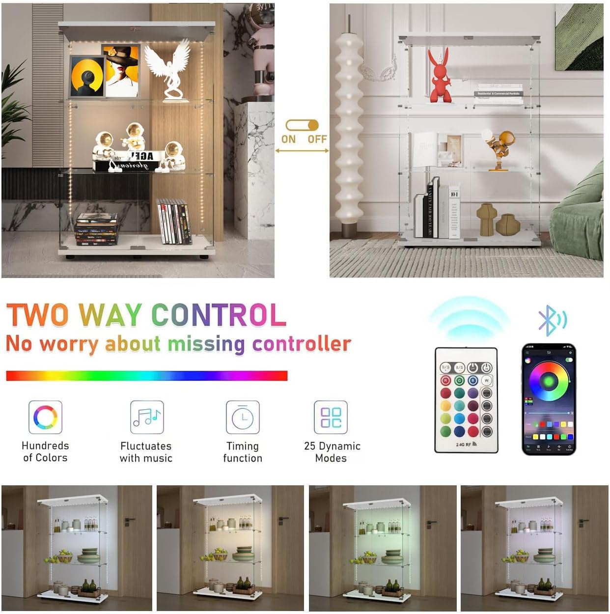 Glass Display Cabinet with LED Lights Elegant Double Doors 3 Shelves Glass Curio Cabinet with Lock 49.3' High Glass Curio Display Cabinet Showcase for Living Room,Bedroom,White