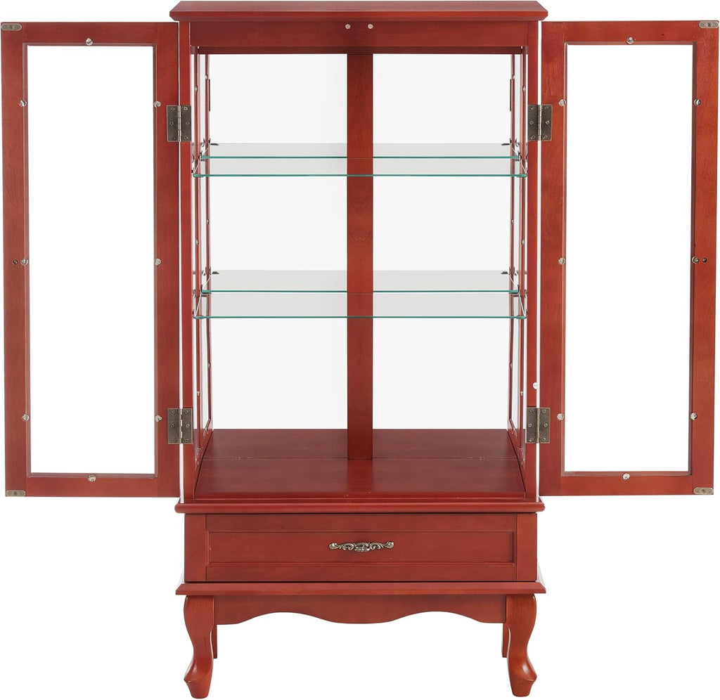 49' H Lighted Curio Cabinet Display Case, Glass Curio Cabinet with Adjustable Shelves,Tempered Glass Door and Drawer, Wooden Cabinets w/Mirrored Back Pane for Living Room (Cherry)