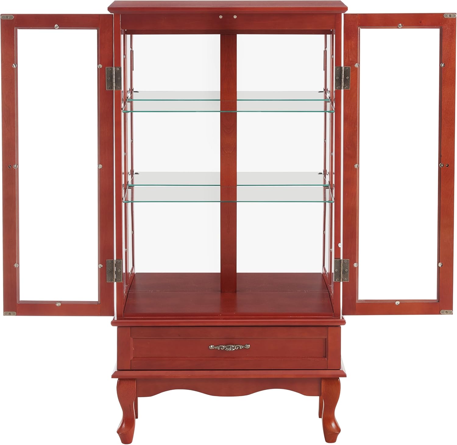 49' H Lighted Curio Cabinet Display Case, Glass Curio Cabinet with Adjustable Shelves,Tempered Glass Door and Drawer, Wooden Cabinets w/Mirrored Back Pane for Living Room (Cherry)