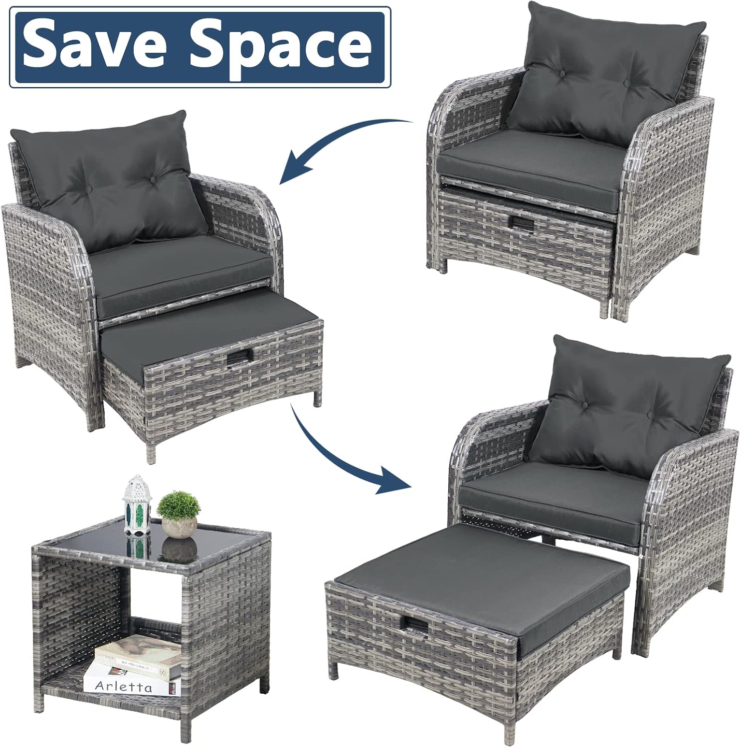 5 Pieces Wicker Outdoor Patio Chairs with Ottomans, All Weather PE Rattan Outdoor Conversation Set Bistro Patio Furniture Set with Hidden Ottoman for Porch Backyard Balcony, Grey