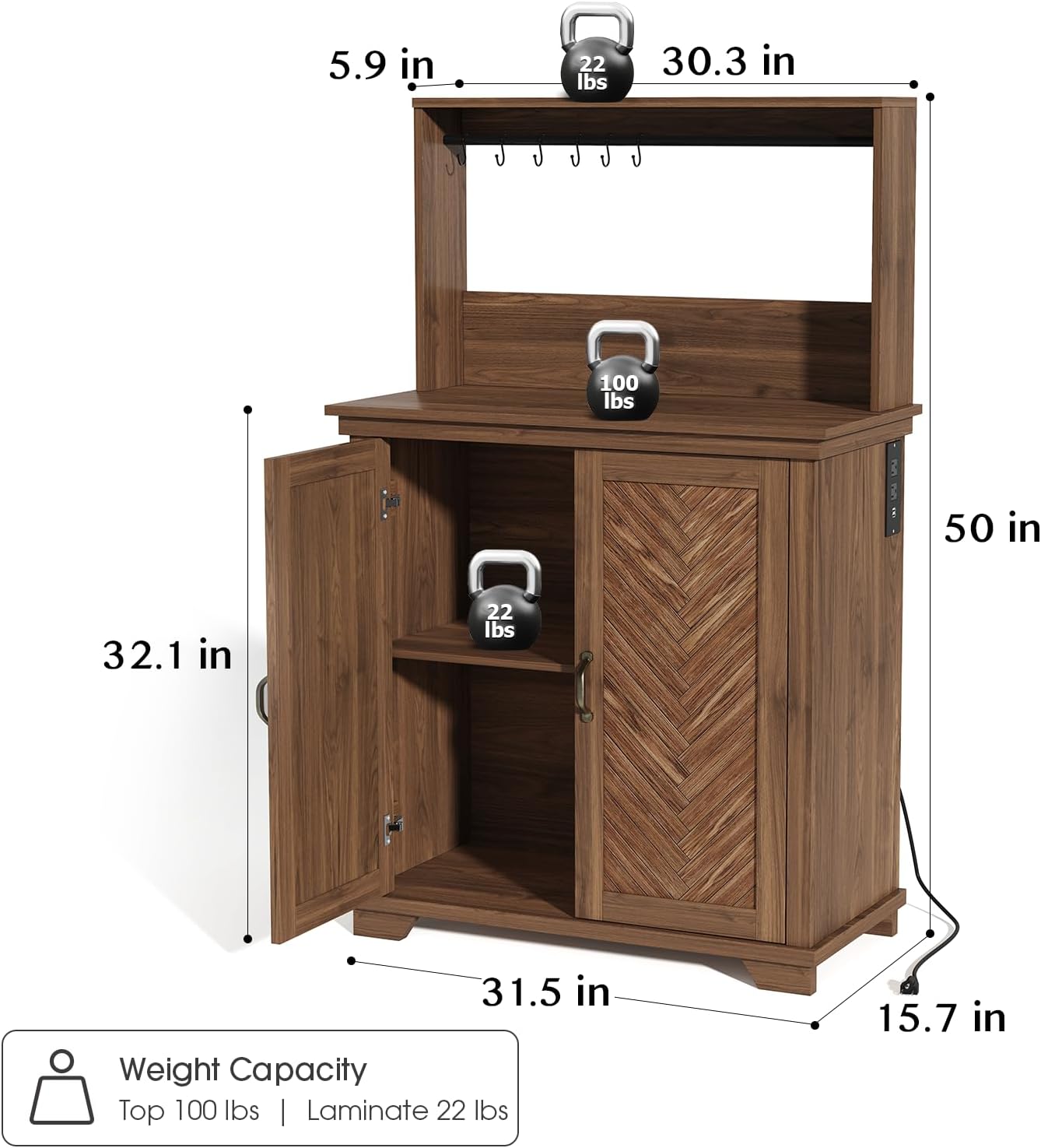JOINICE Farmhouse Coffee Bar Cabinet with Storage,31.5' Kitchen Cabinet with Hooks and Charging Station,Coffee Station with Adjustable Shelf and Hutch,Sideboard for Living Dining Room