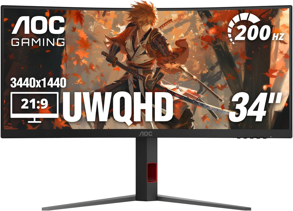 AOC CU34G4H 34 inch Curved Ultrawide Gaming Monitor, WQHD 3440x1440, 200Hz DisplayPort / 100Hz HDMI, 0.3ms MPRT, 1500R VA Panel, Adaptive-Sync, HDR Ready, DisplayPort 1.4, HDMI 2.0