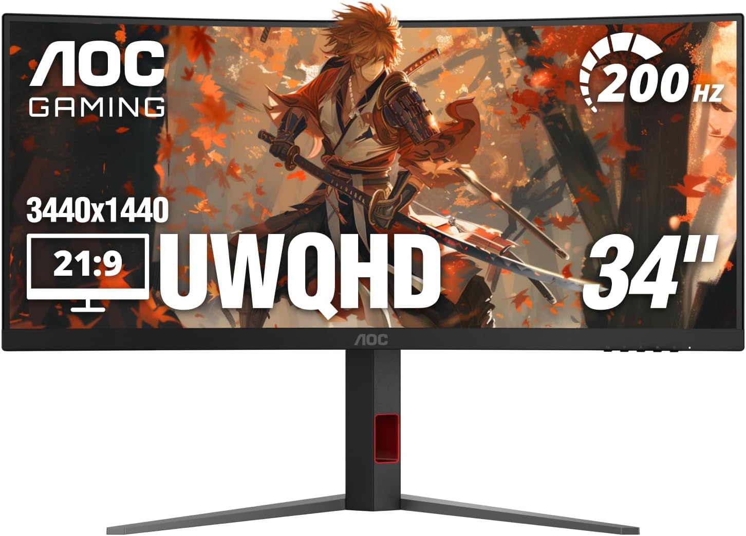 AOC CU34G4H 34 inch Curved Ultrawide Gaming Monitor, WQHD 3440x1440, 200Hz DisplayPort / 100Hz HDMI, 0.3ms MPRT, 1500R VA Panel, Adaptive-Sync, HDR Ready, DisplayPort 1.4, HDMI 2.0