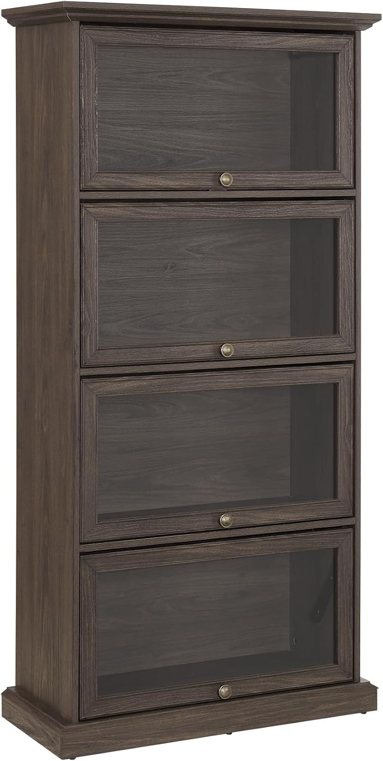 Tall Bookcase with Glass Doors, 63' H Farmhouse Glass Curio Display Cabinet with Flip up Doors, Elegant Storage Cabinet with 4-Tier Shelves, Rack for Living Room (Brown)