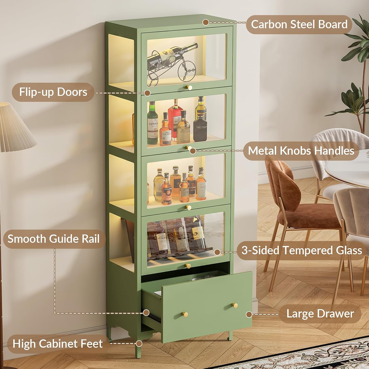 Display Cabinet with Glass Doors, 67' Metal Curio Cabinet with Drawer & 13-Color RGB LED Lights, 5-Tier Glass Display Case for Collectibles, Figure, Toys, Books, Green
