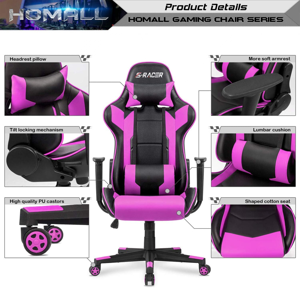 Homall Gaming Chair, Office Chair High Back Computer Chair Leather Desk Chair Racing Executive Ergonomic Adjustable Swivel Task Chair with Headrest and Lumbar Support (Violet)