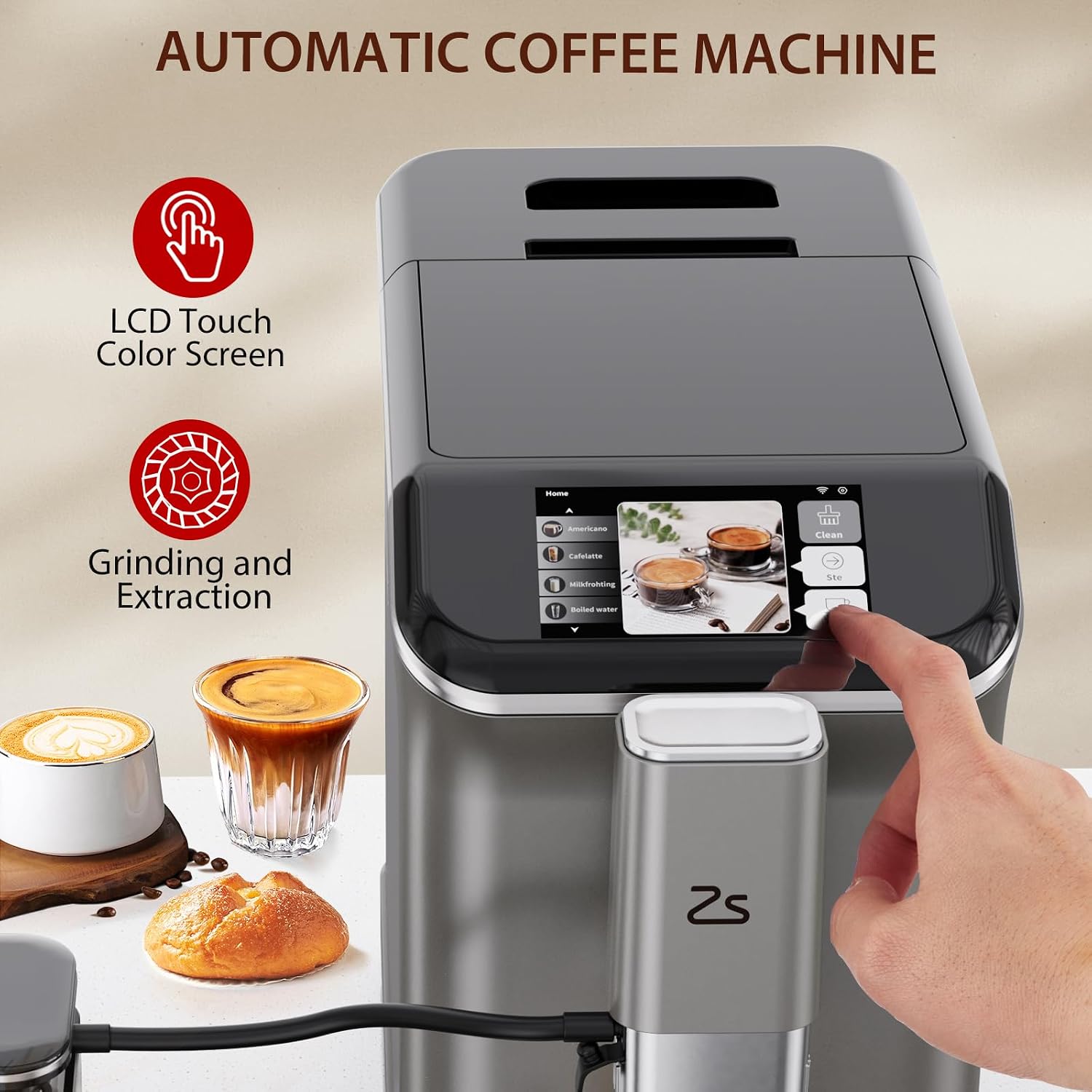 Fully Automatic Espresso Machine with Milk Frother, Built-In & Adjustable Espresso Bean Grinder, 1-15 Adjustable Grind Size Levels, 1.5L Water Tank, Auto-Cleaning, Cappuccino & Latte Machine for Home
