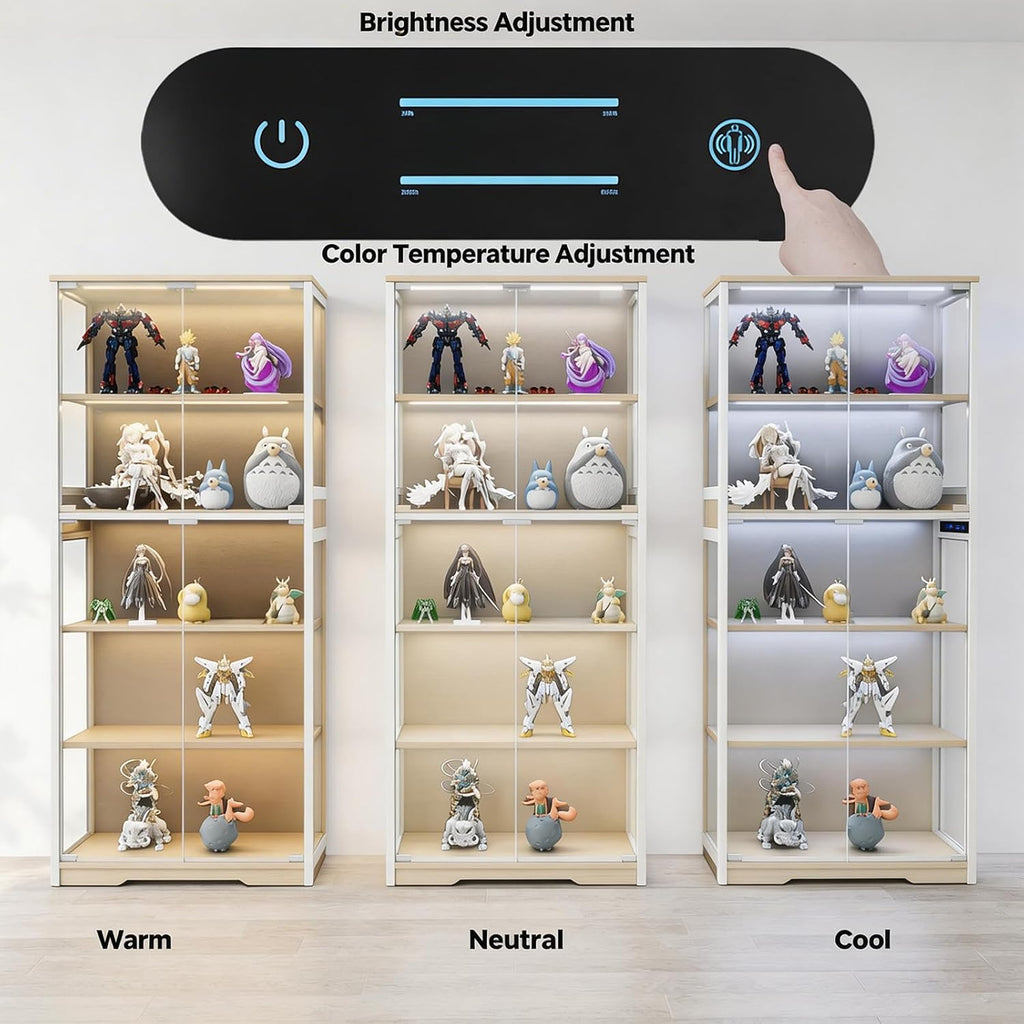 Glass Display Cabinet, 5-Tier Curio Cabinet with Glass Doors, Dimming LED Lights & Motion Sensor, for Collectible Figures, Living Room, Bedroom, or Office (Iron Frame Beige)