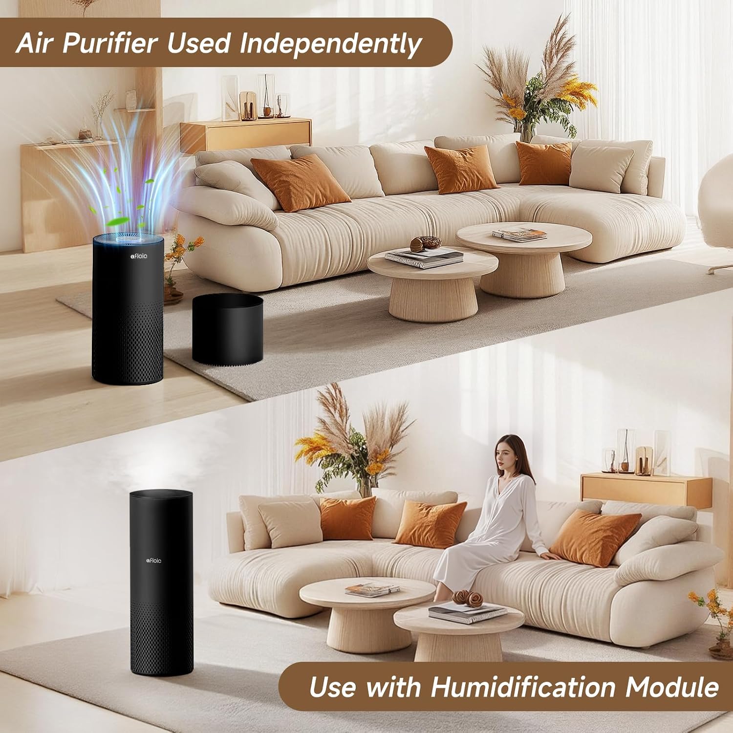 Afloia Humidifier and Air Purifier in One, Air Purifier and Evaporative Humidifier Combo for Home, 24dB Quiet Air Cleaner Remove Pets Dust Dander Hair Allergy Pollen Smoke Smell for Room, Black