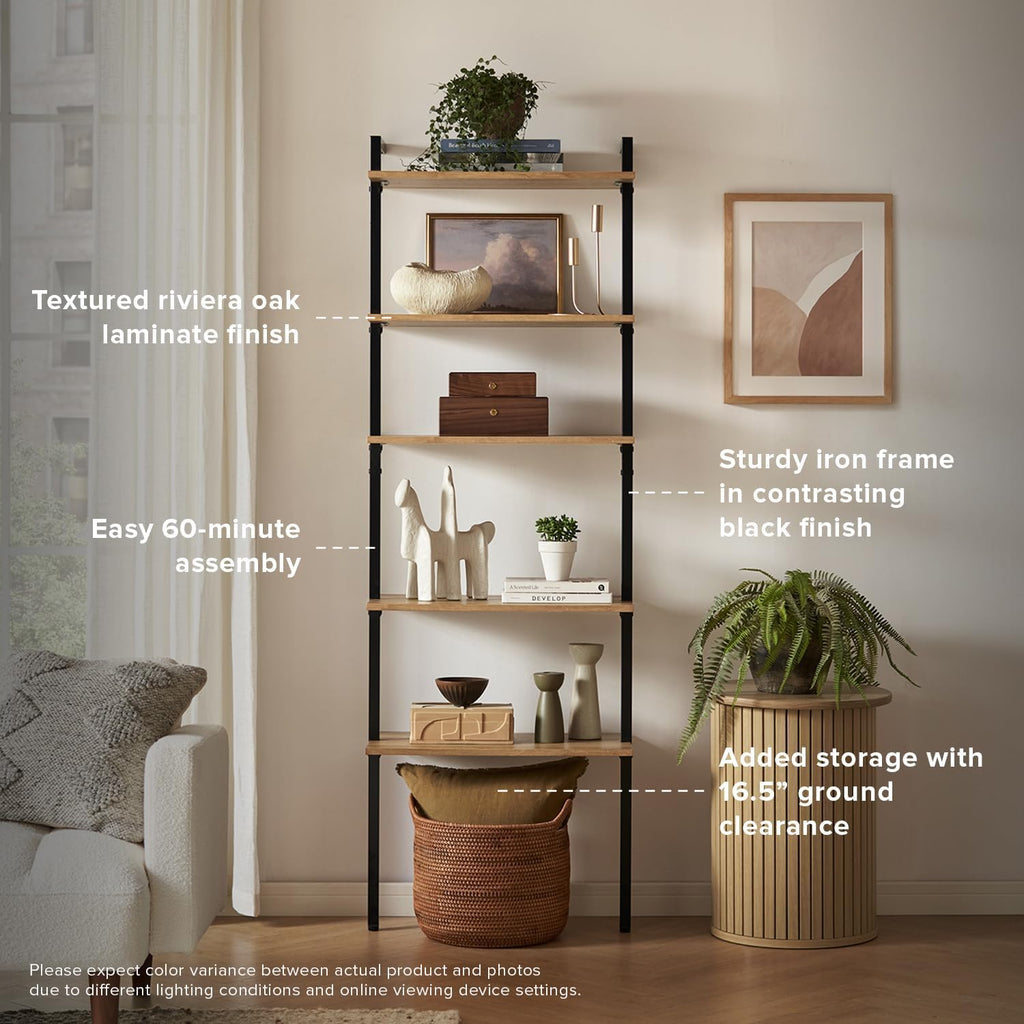 mopio Norwin Ladder Book Shelf, Wall-Mount Storage Rack, Wall Bookshelf, Farmhouse Industrial Bookcase, Narrow Slim Organizer, Steel Frame Display Shelves, Living Room, Bedroom (5-Tier Shelf Double)