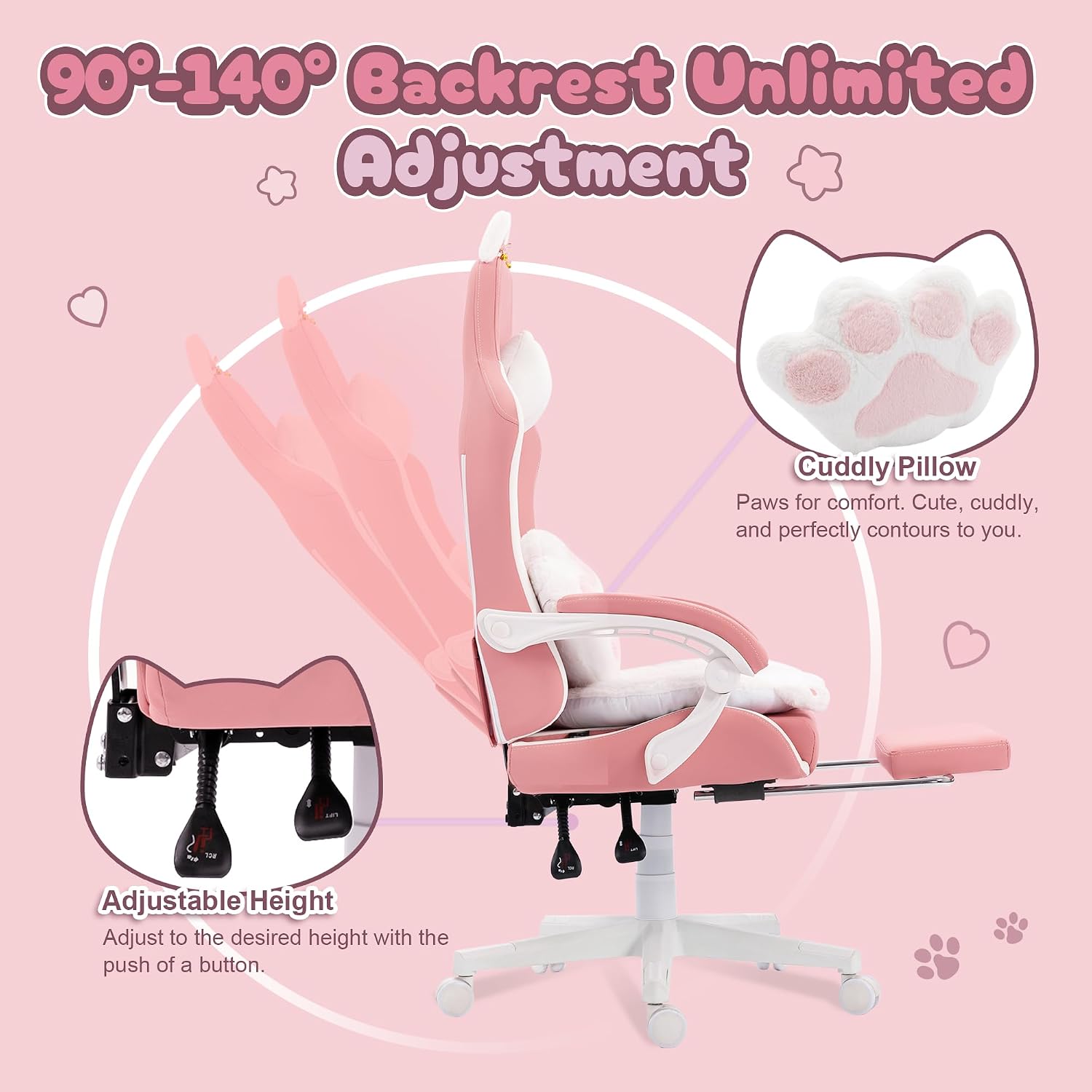 Dowinx Gaming Chair Cute with Cat Ears and Paw Lumbar, Ergonomic Computer Chair for Girl with Footrest and Headrest, Comfortable Reclining Game Chair 290lbs for Adult, Teen, Pink