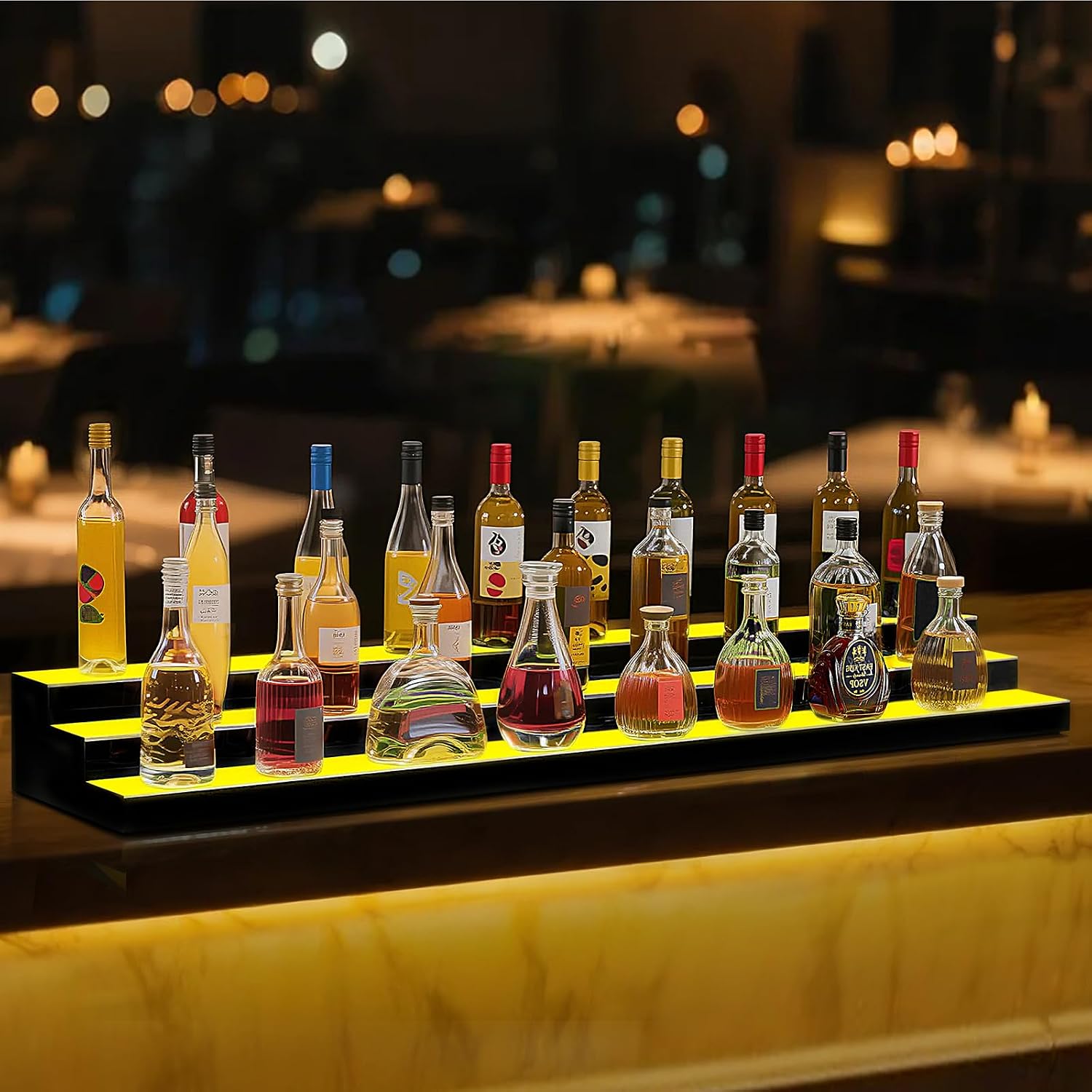 VEVOR LED Lighted Liquor Bottle Display, 3 Tier 70 Inch, Illuminated Home Bar Shelf with RF Remote & App Control, 7 Static Colors, Acrylic Lighted Whiskey Shelf for 52 Bottles, Powered by Adapter Only