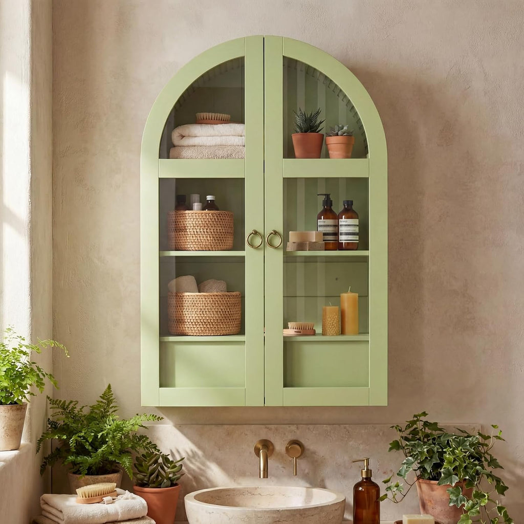Medicine Cabinet with Tempered Glass Door, Arched Bathroom Wall Cabinet with Adjustable Shelf, for Kitchen, Living Room, Entryway, Laundry Room, Apartment, Office, Small Space, Green