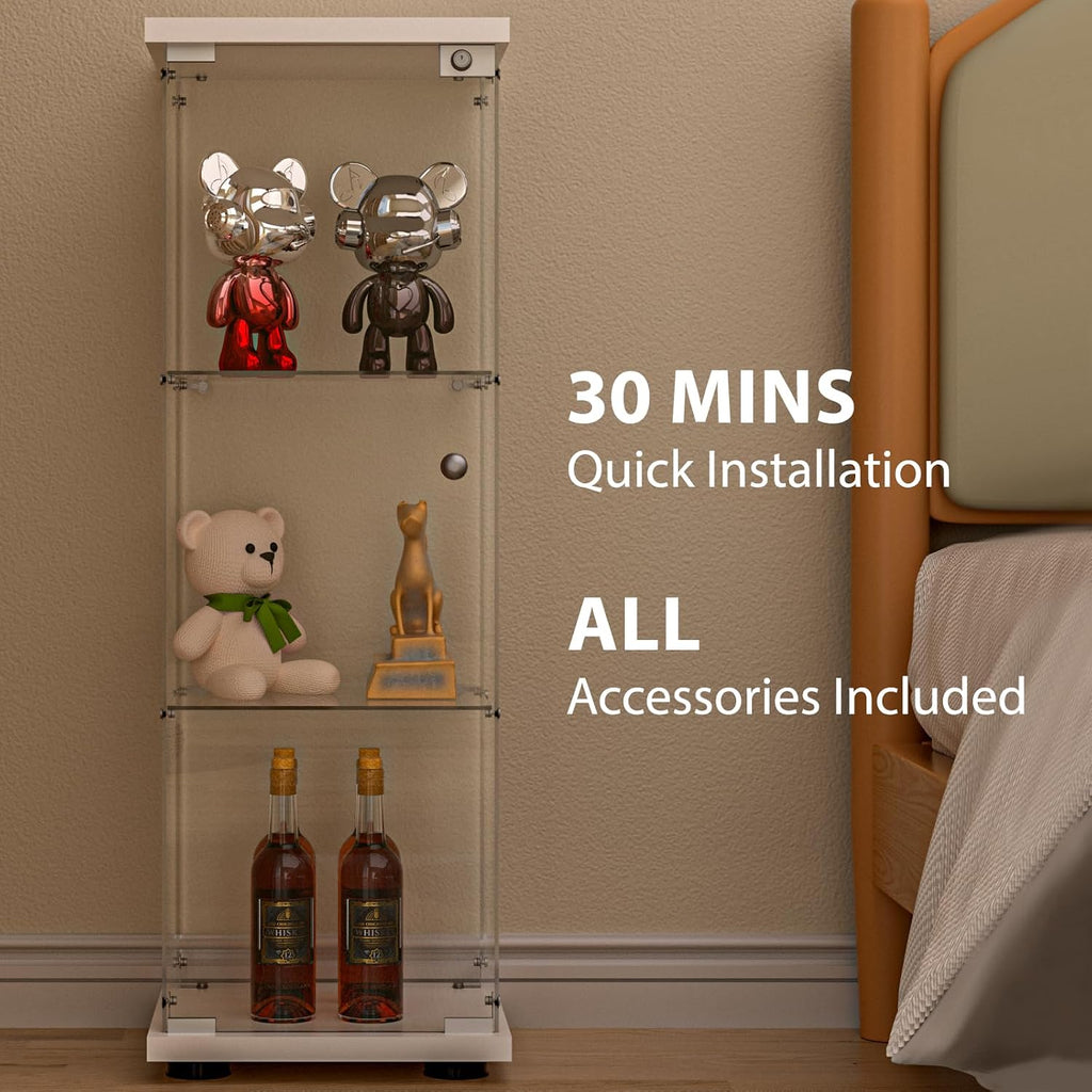 FANYUSHOW 3-Shelf Glass Display Cabinet with Door, Upgraded Quick-Install Style Curio Cabinets 4mm Tempered Glass Floor Standing Bookshelf for Bedroom, Living Room 49.1'x 16.7'x 14.3' White