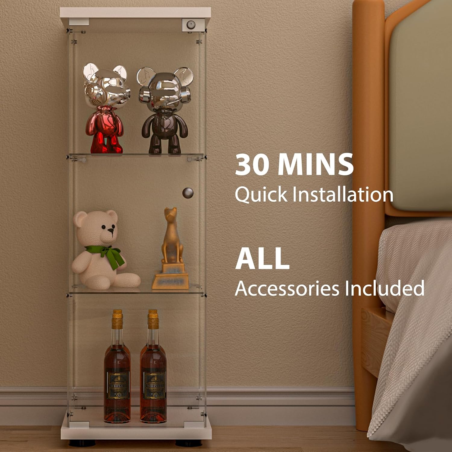 FANYUSHOW 3-Shelf Glass Display Cabinet with Door, Upgraded Quick-Install Style Curio Cabinets 4mm Tempered Glass Floor Standing Bookshelf for Bedroom, Living Room 49.1'x 16.7'x 14.3' White