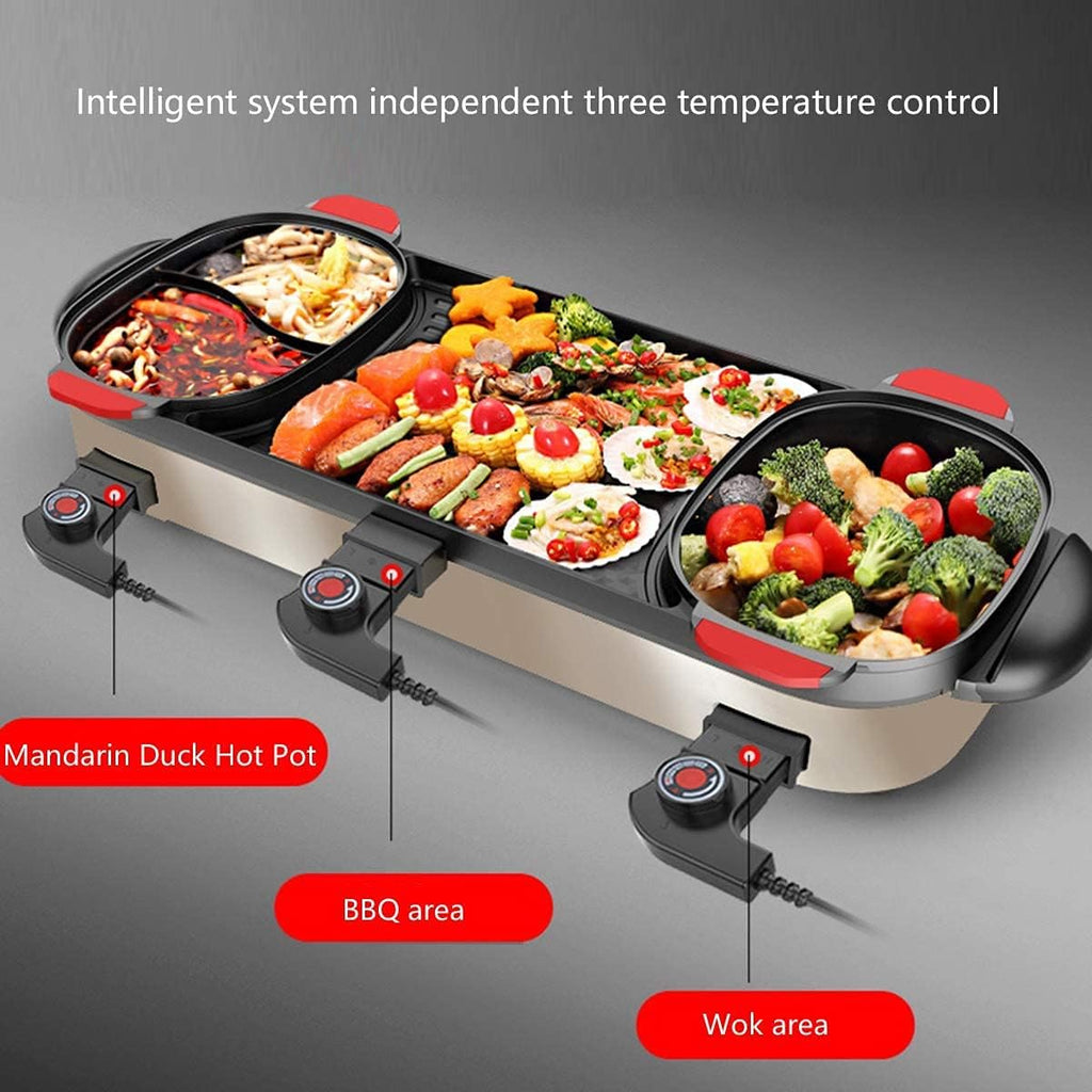 BBQ Smokeless Grill Multifunction Electric Grill Indoor Hot Pot, Home Cooker Griddle Multi Purpose Korean Barbecue Hot Pot Smokeless Teppanyaki BBQ Grill Hotpot Pot Family Dinner