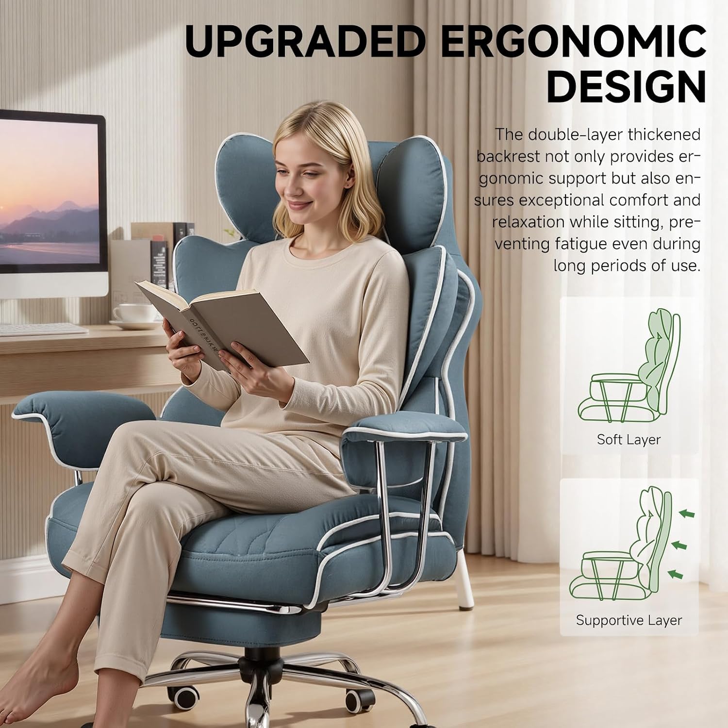 COMHOMA Big and Tall Gaming Chair with Pocket Spring Lumbar Support, Ergonomic Office Chair with Footrest, Executive Desk Chair with Outward Fixed Soft Armrests, Computer Chair with High Back, Blue