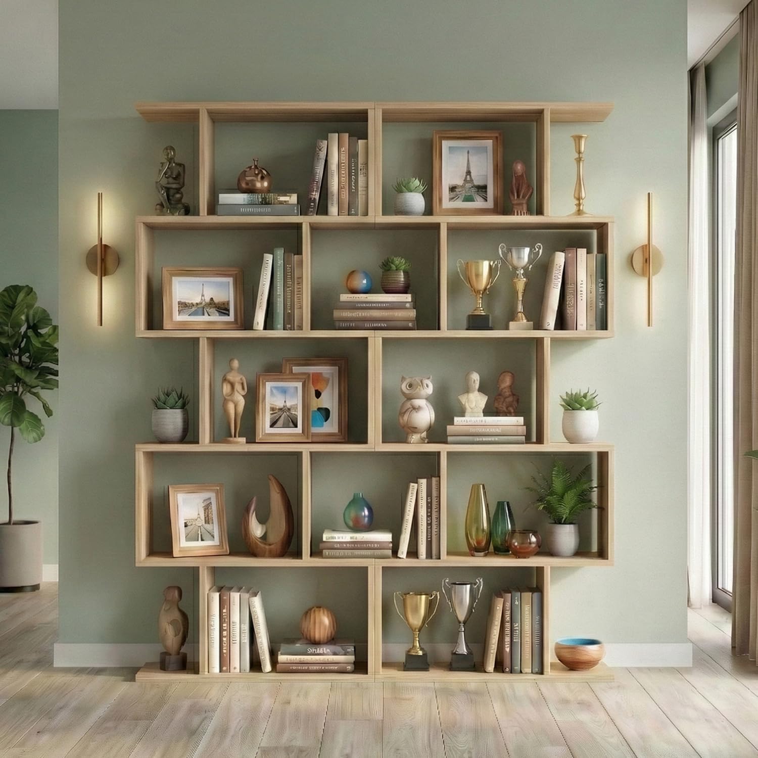 DIYART 5-Tier Geometric Bookcase (Set of 2), 62.6' Tall S-Shaped Bookshelf & Room Divider, Modern Oak Freestanding Display Shelving Unit for Living Room, Hallway, Home Office