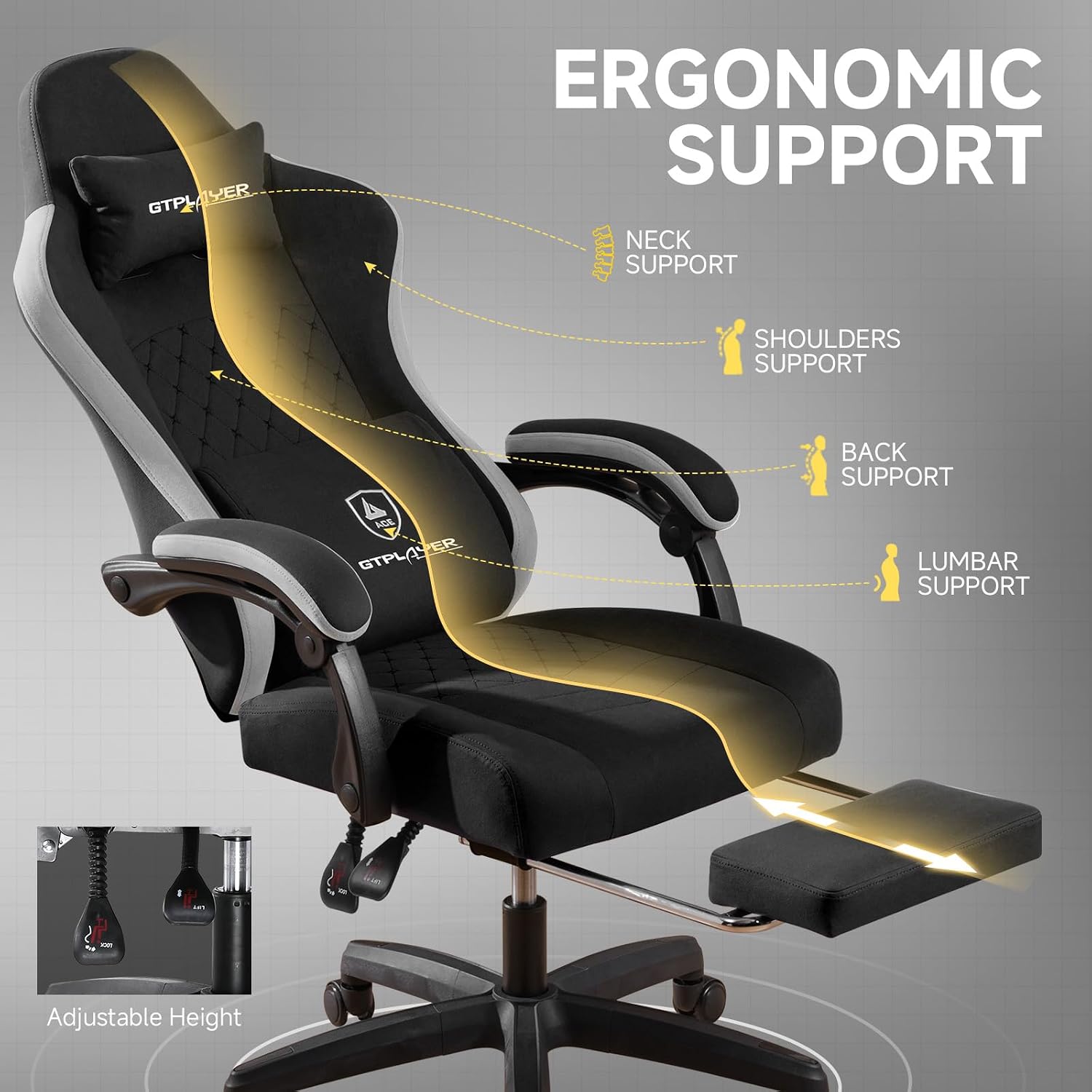 GTPLAYER Gaming Chair, Fabric Computer Office Chair with Pocket Spring Cushion, Ergonomic Office and Gaming, Video Gaming Chair with Linkage Armrests, High Back Desk Chair with Adjustable Recliner