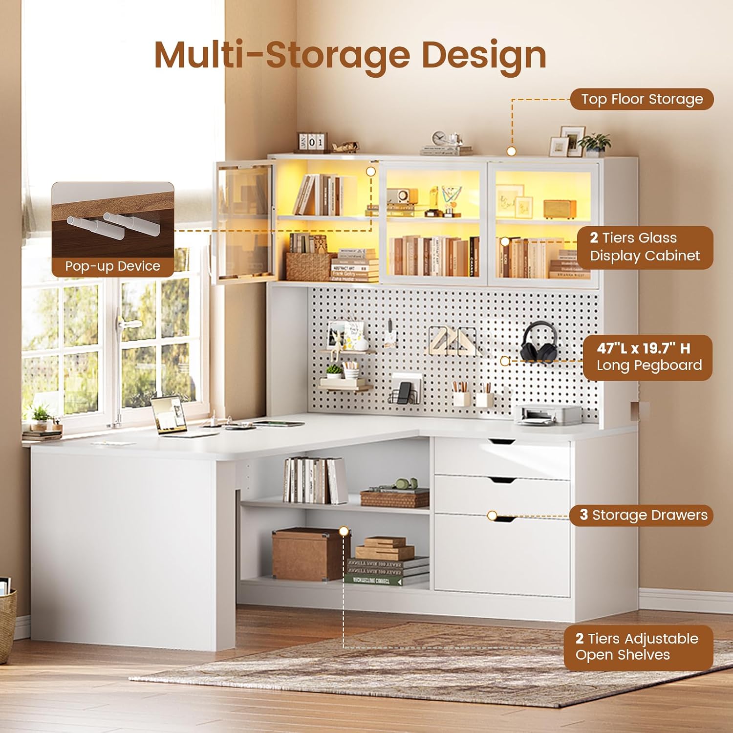 SEDETA L Shaped Computer Desk, L Shaped Corner Gaming Desk with 3 Wood Drawer and Large Bookshelf, Home Office Desk with LED Light, Display Cabinet and Pegboard, 27.5' W Large Desktop Table, White
