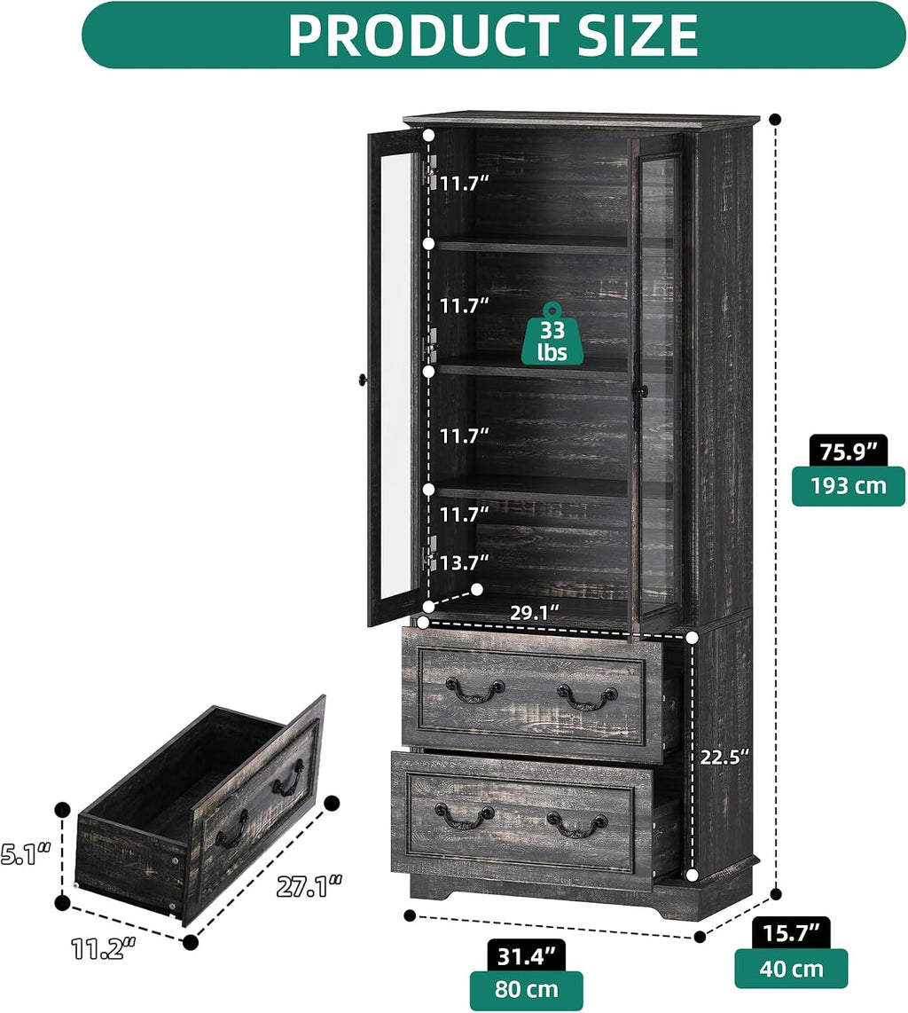 YITAHOME 76'' Kitchen Pantry Cabinet with 2 Drawers, Tall Storage Cabinet with Glass Doors & Adjustable Shelves, Freestanding Display Curio Cabinet for Collectibles, Living Room, Dark Rustic Oak