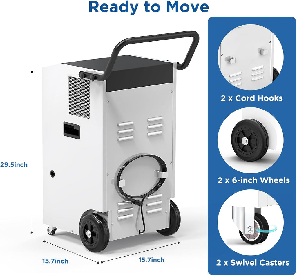 170 Pints Commercial Dehumidifier with Pump, 7,500 Sq.Ft Coverage, Portable with Wheels for Water Damage Restoration, Basement, Garage