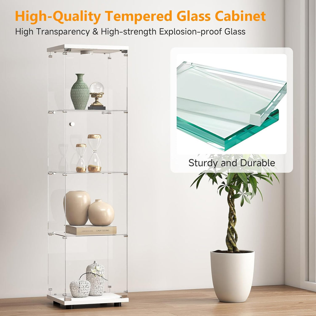 Zevemomo Tempered Glass Display Cabinet with Lights, 4-Tier Curio Cabinet with Glass Doors and Lock, Glass Display Case for Collectibles, for Living Room, Office, Bedroom, Single Door, White