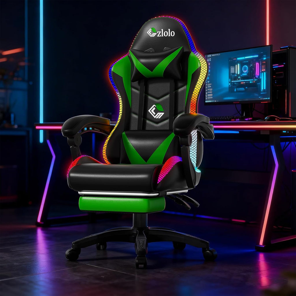 Czlolo Gaming Chair, Racing Style RGB LED Lights Gaming Chairs for Adults and Kids, Lumbar Massager Gamer Chair, High Back Reclining Computer Chair with Footrest and Headrest (Black/Green)