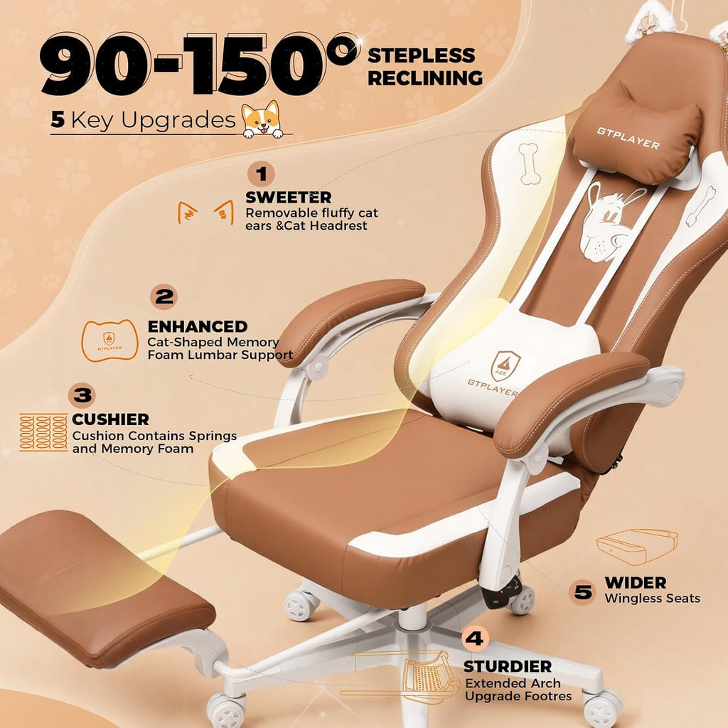 GTPLAYER Gaming Chair Cute with Cat Ears Ergonomic Computer Chair with Dog Embroidery Adjustable Memory Foam Lumbar Support and Headrest Comfortable Reclining Office Chair for Girls, Teens, Women