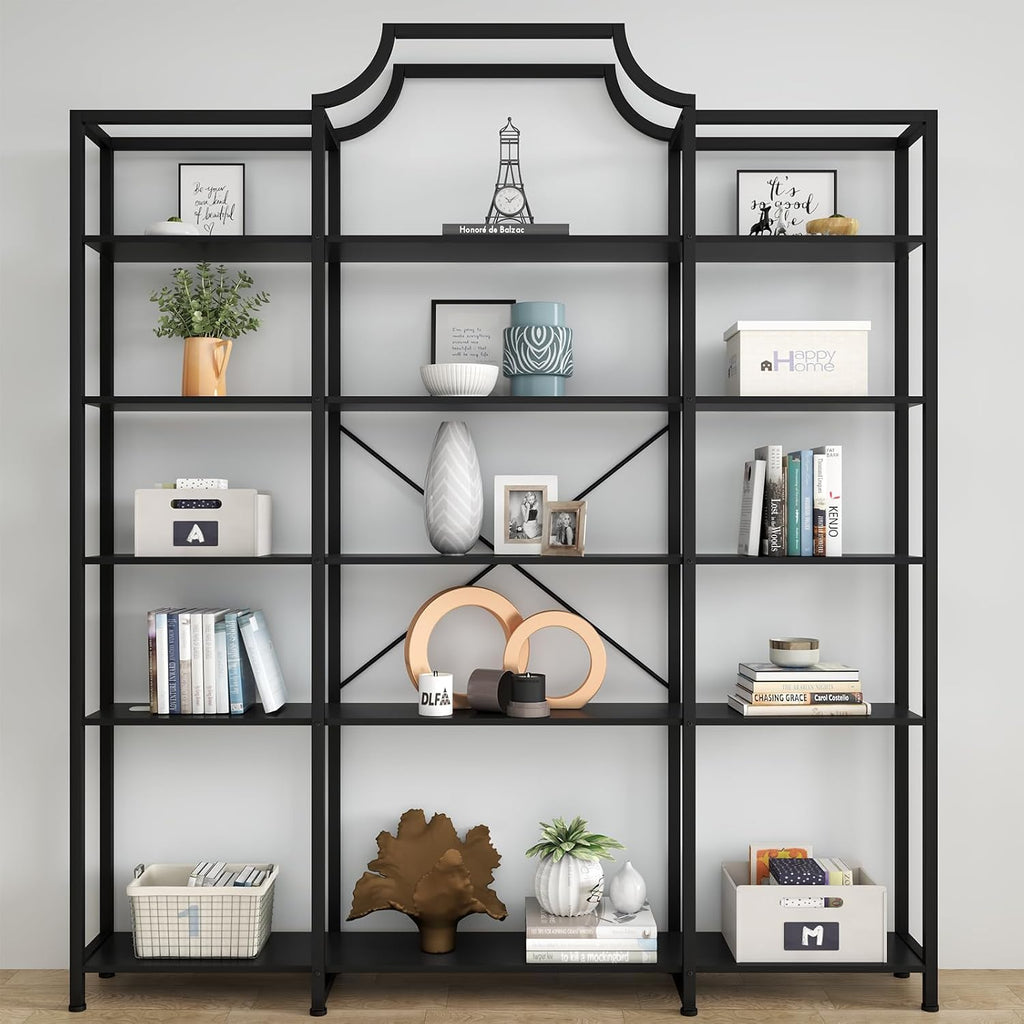 Auromie Triple Wide 5-Tier Bookshelf, 70.87' L x 79.13' H Extra Large Bookcase, Tall Open Etagere Display Shelf with Metal Frame, Freestanding Modern Storage Shelves for Home Office (Black)