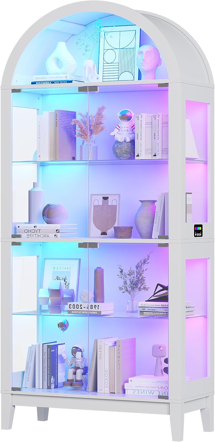 WOOVIVS Glass Display Cabinet with RGB Lights, 69' Tall Curio Cabinet with Rebound Tempered Glass Door, 5-Tier Adjustable Display Case for Living Room (White)