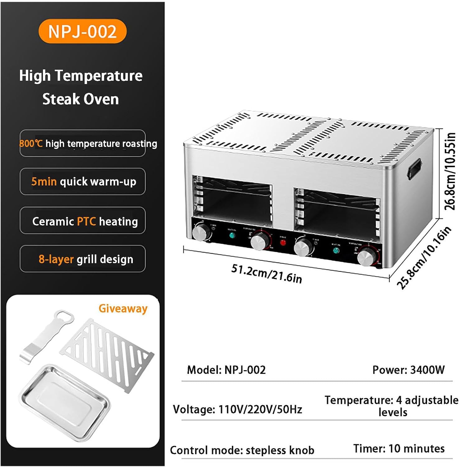 Smokeless Electric Broiler for Indoor Use, 800°C High-Heat Steak Grill with Adjustable 4/8-Tier Rack, Ceramic Heating, Timer & Temp Control, for Steak Chicken Vegetables B