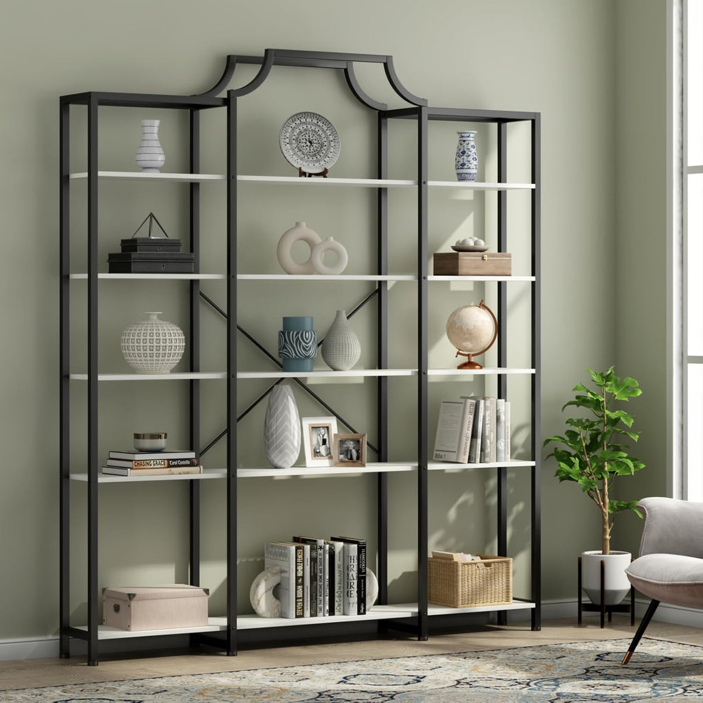 Auromie Triple Wide 5-Tier Bookshelf, 70.87' L x 79.13' H Extra Large Bookcase, Tall Open Etagere Display Shelf with Metal Frame, Freestanding Modern Storage Shelves for Home Office, Black&White