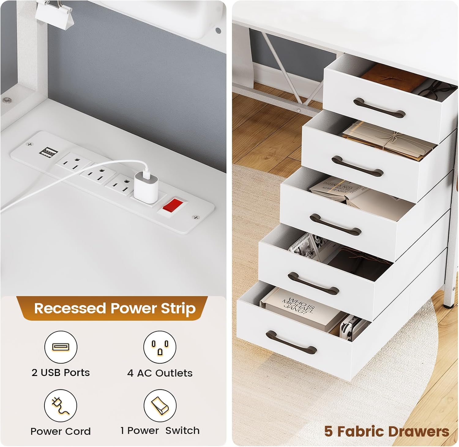 SEDETA L Shaped Gaming Desk with Drawers, L Shaped Computer Desk with Hutch and Storage Shelves, Gaming Desk with Pegboard, Led Lights, and Power Outlet, Home Office Desk, Corner Desk, White