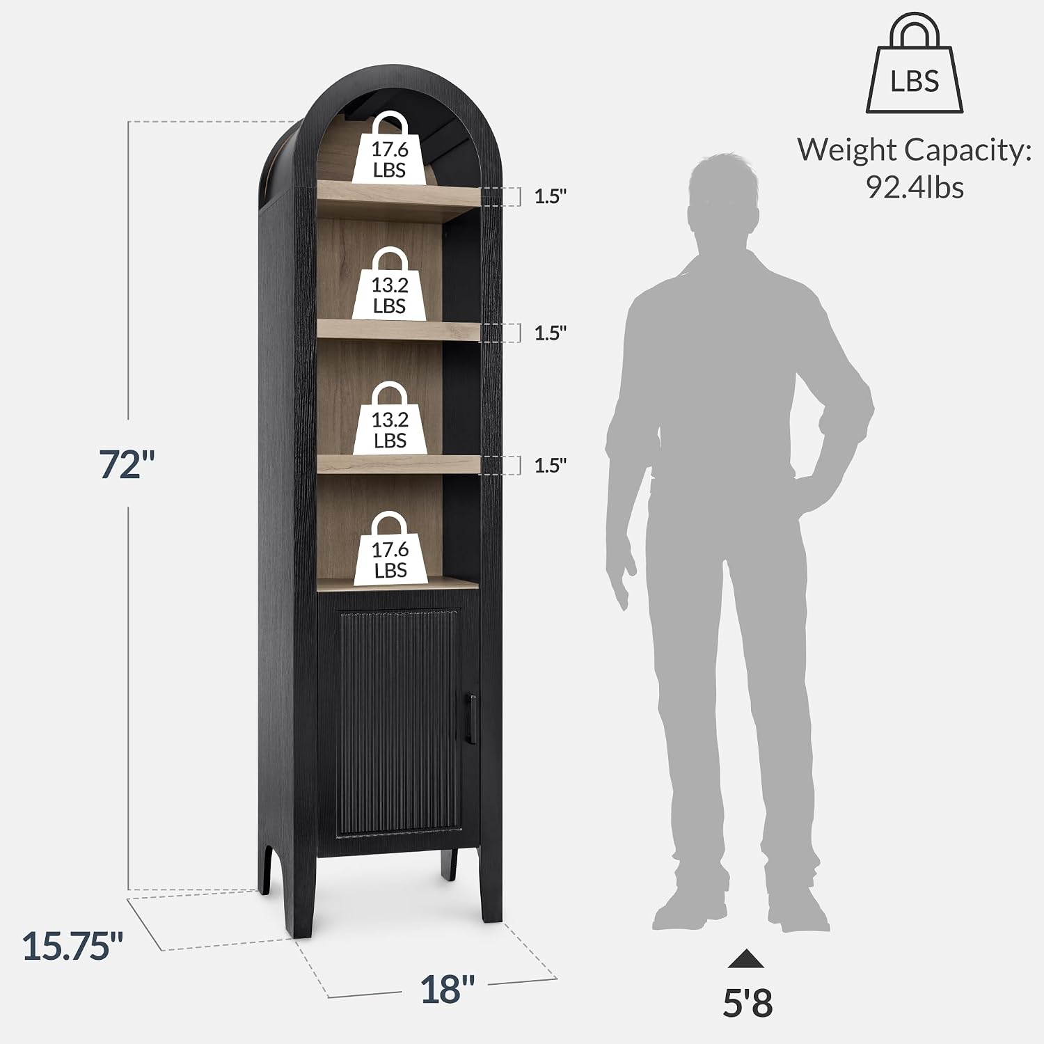 Best Choice Products 72' Tall Narrow Arched Pantry Cabinet w/Reeded Door, 4-Tier Bookshelf, Armoire, Hutch, Bookcase, Storage Cabinet w/Adjustable Shelves, for Dining Room and Livingroom - Black Oak