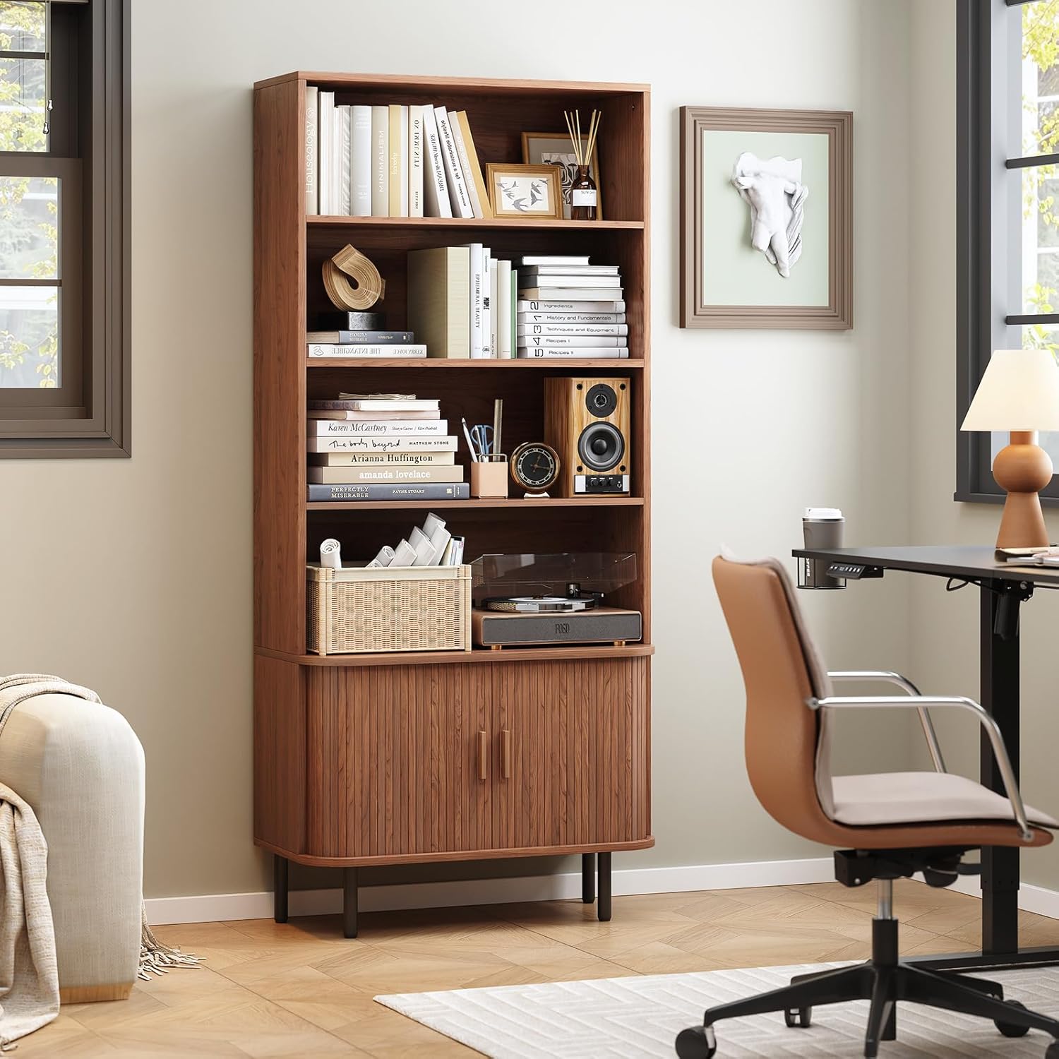 ONBRILL 71' Tall Bookshelf, 4-Tier Bookcase with Storage Cabinet & Adjustable Storage Shelf, Freestanding Wood Bookshelf with Sliding Door and Adjustable Footpad, for Home Office, Living Room, Walnut