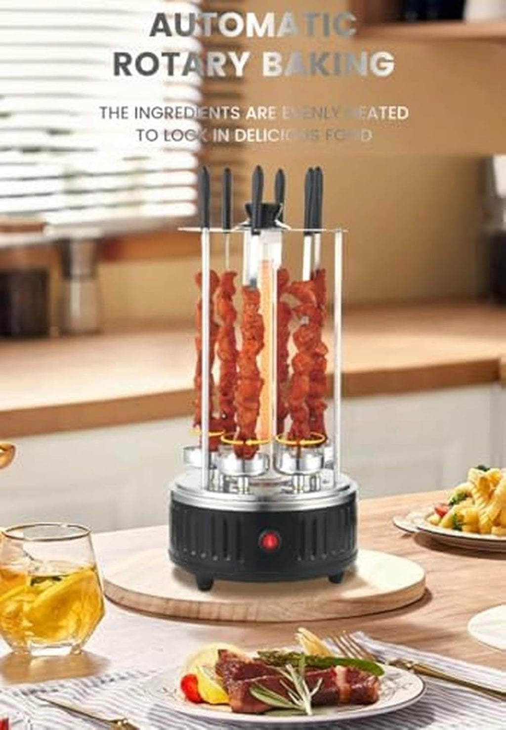 Vertical Rotisserie Kebab Machine Electric Grill with 12 Forks, Smokeless Indoor Barbecue for Kebabs, Skewers, and Roasts