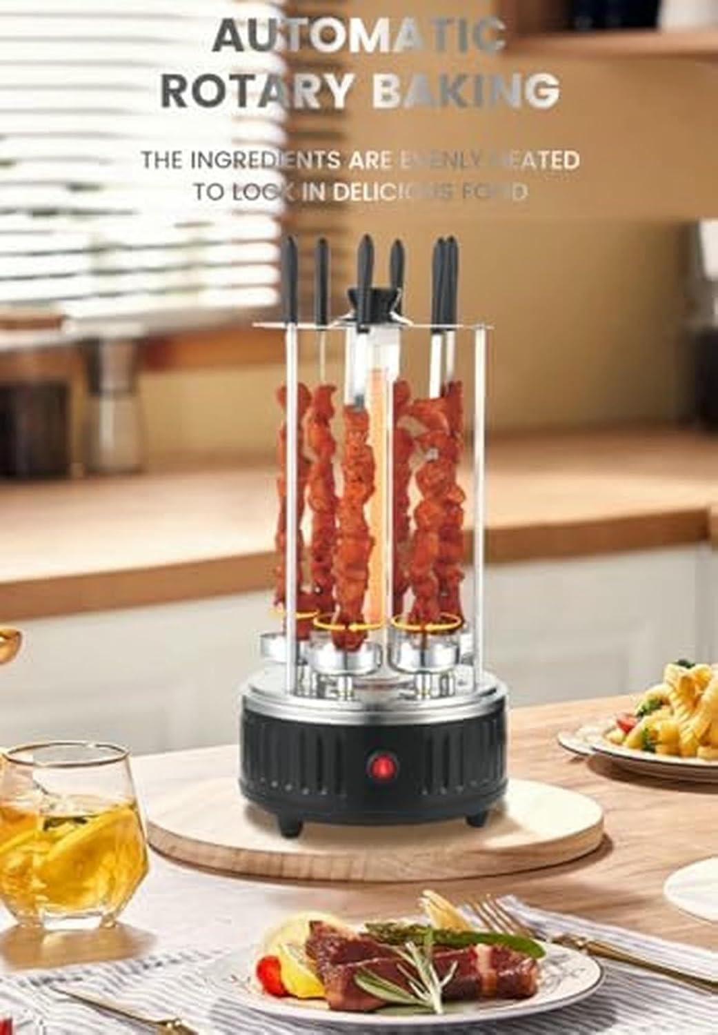 Vertical Rotisserie Kebab Machine Electric Grill with 12 Forks, Smokeless Indoor Barbecue for Kebabs, Skewers, and Roasts