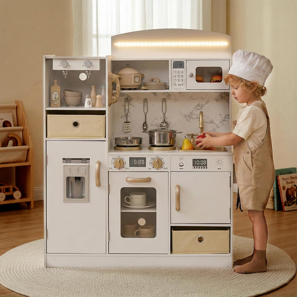 INFANS Kids Kitchen Playset with Lights, Toddler Wooden Pretend Cooking Set with Coffee Maker Ice Maker Stove Sink Microwave 2 Storage Bins, Simulation Play Kitchen Toy for Children Boys Girls