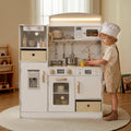 INFANS Kids Kitchen Playset with Lights, Toddler Wooden Pretend Cooking Set with Coffee Maker Ice Maker Stove Sink Microwave 2 Storage Bins, Simulation Play Kitchen Toy for Children Boys Girls