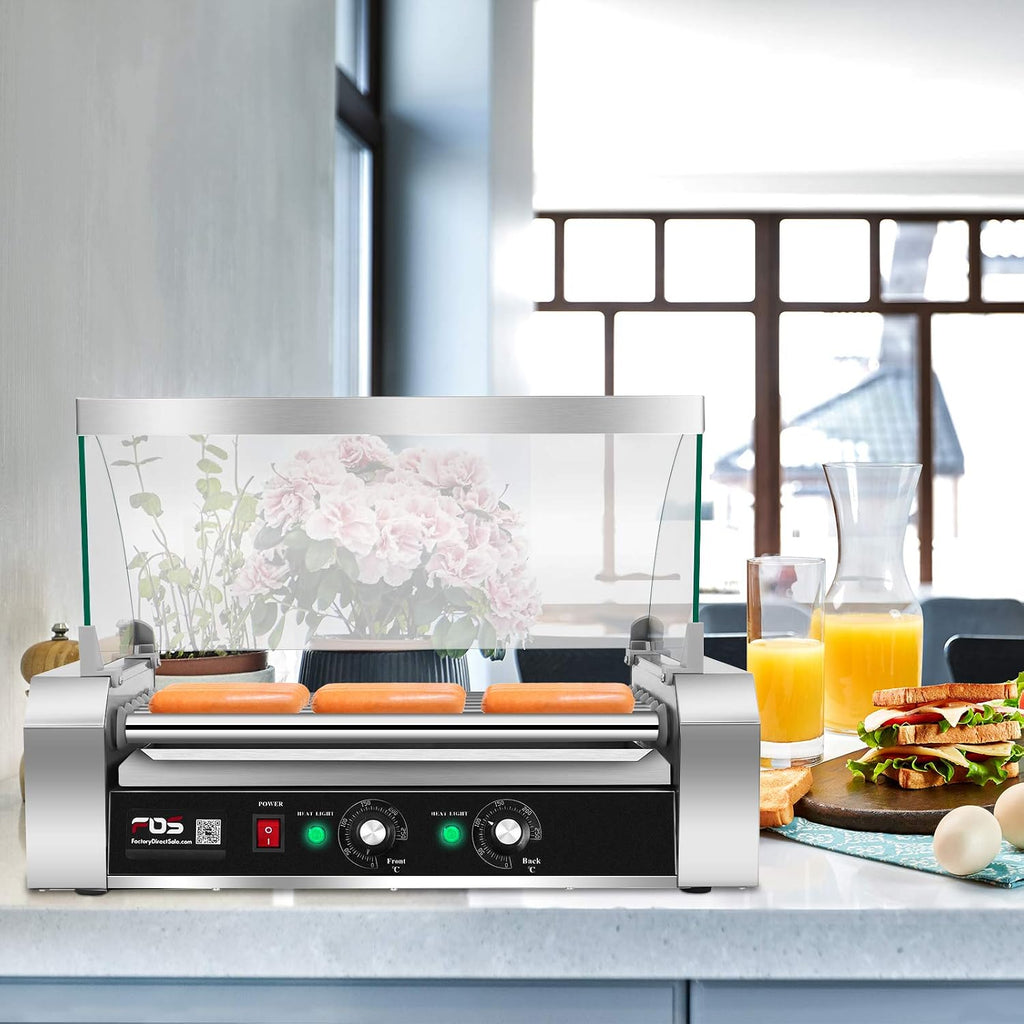 Happygrill Hot Dog Roller Machine, Electric Sausage Grill w/ 18 Hot Dog, 7 Non-Stick,Removable Stainless Steel Drip Tray and Glass Hood Cover,Commercial Household Hot Dog Grill Cooker