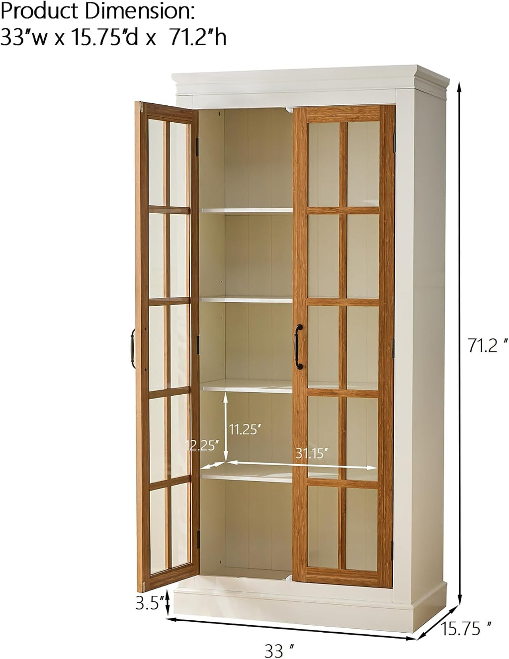 Merax 71.2'' Freestanding Farmhouse Style Glass Door Pantry Cabinet with Lattice Window, Curio Display Storage for Hallways, Living Room, Kitchen & Office,Brown & Black