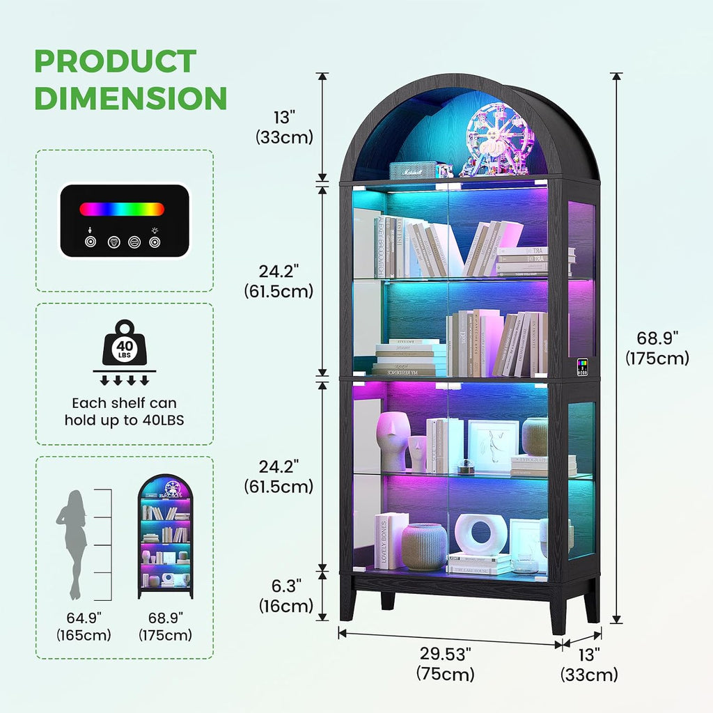 HNEBC Arched Book Shelf with Glass Doors, LED Bookcase with RGB Lights, 5 Tier Cabinet Has 9-Cube Storage, 69' Display Cabinet for Music-Synced Lighting Living Room,Bedroom(Black)