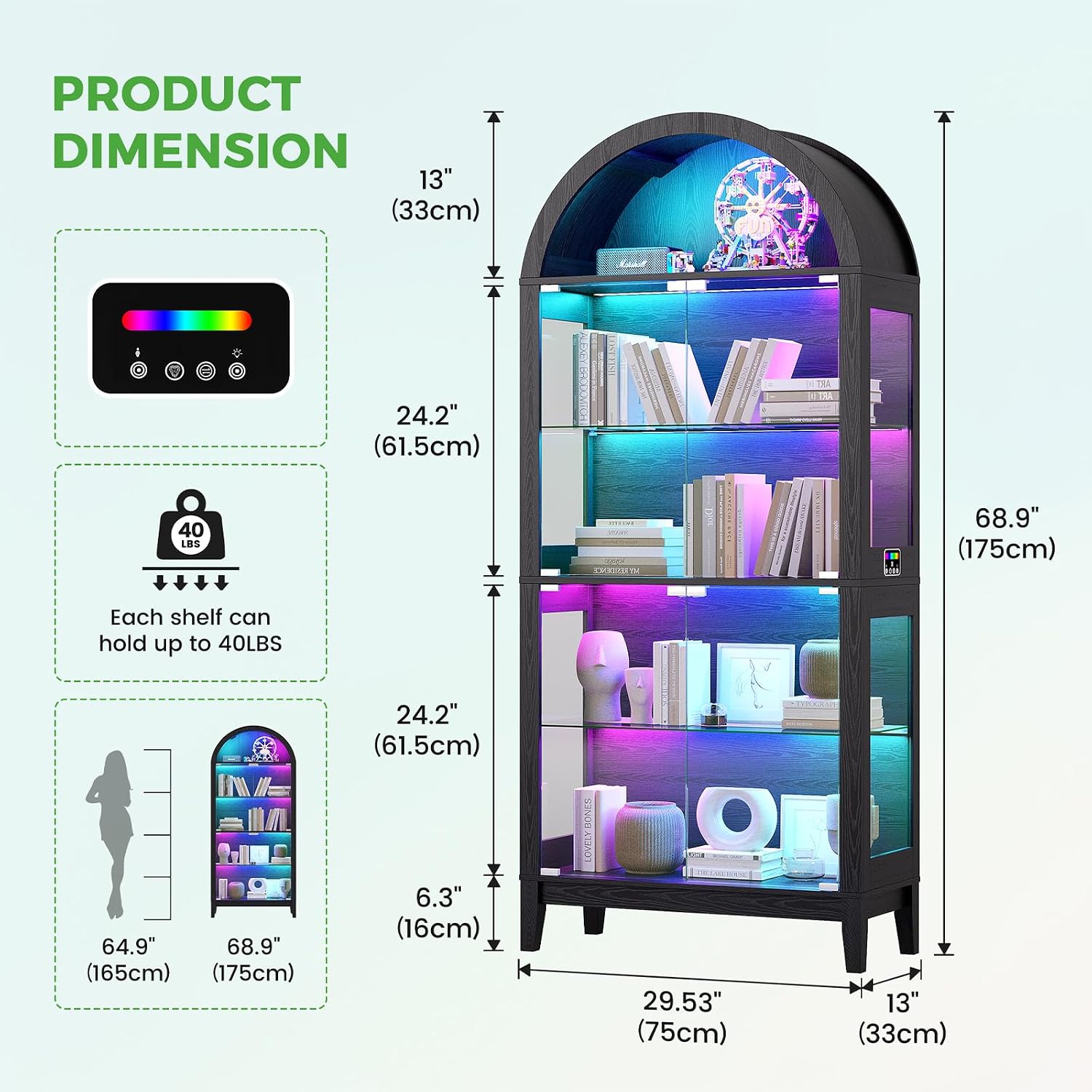 HNEBC Arched Book Shelf with Glass Doors, LED Bookcase with RGB Lights, 5 Tier Cabinet Has 9-Cube Storage, 69' Display Cabinet for Music-Synced Lighting Living Room,Bedroom(Black)