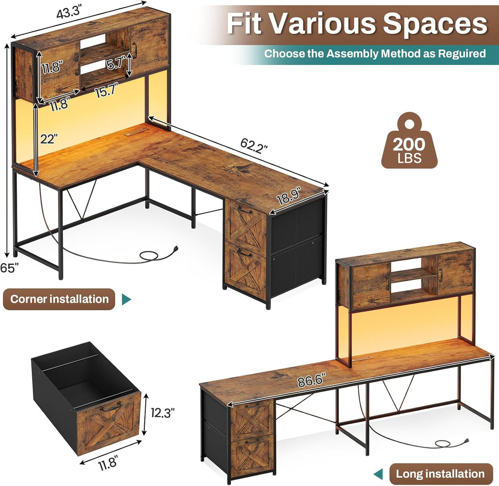 SEDETA L Shaped Desk with Drawers, 62.2' Home Office Desk with Fabric File Drawers and Power Outlet, L Shaped Desk with Hutch, Storage Shelves, LED Lights, Rustic Brown
