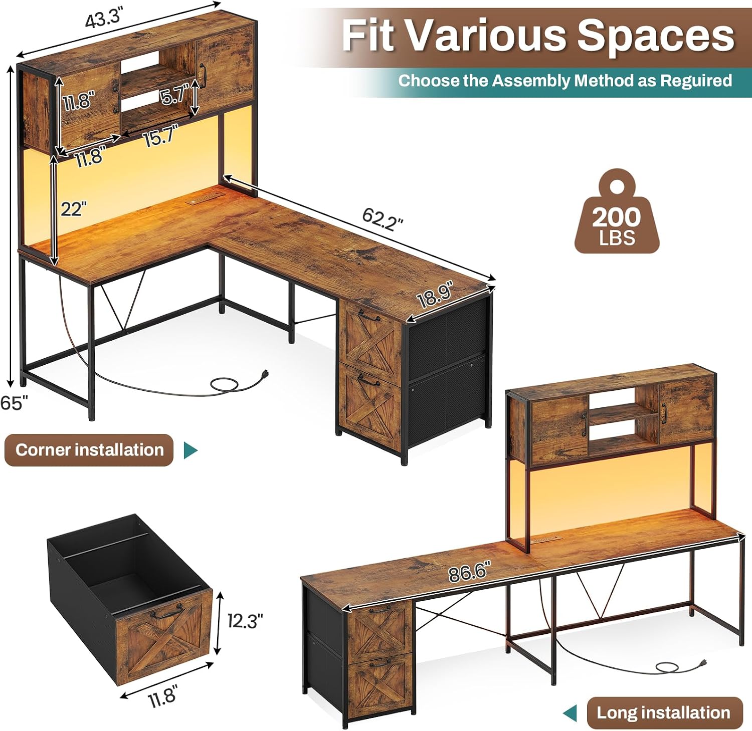 SEDETA L Shaped Desk with Drawers, 62.2' Home Office Desk with Fabric File Drawers and Power Outlet, L Shaped Desk with Hutch, Storage Shelves, LED Lights, Rustic Brown