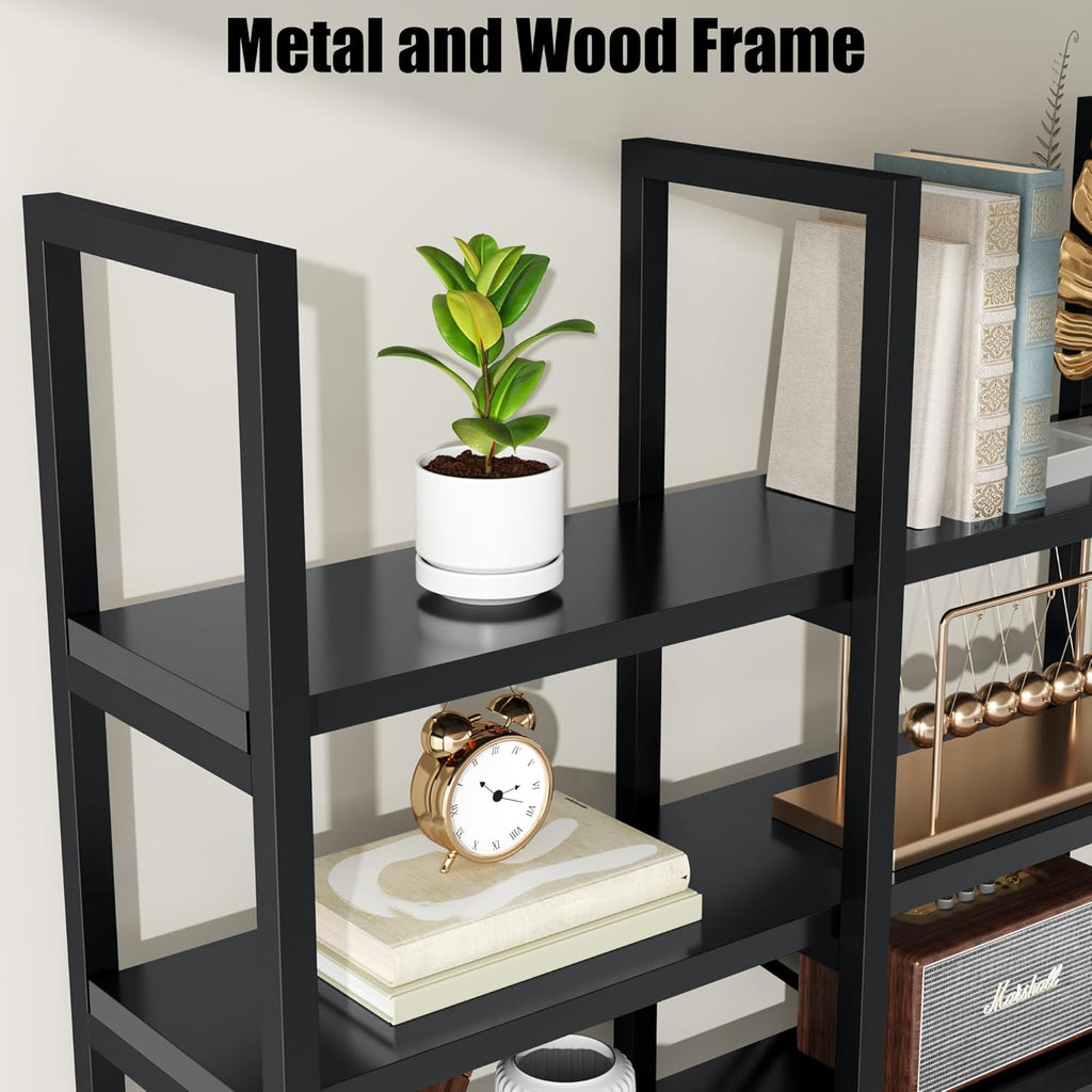 Large Bookshelf 5 Tiers, Triple Wide Geometric Bookcase, 71 Inches Tall Industrial Book Shelves Etagere Book Case, Sturdy Metal Frame, Freestanding Display Shelving Unit (Black)