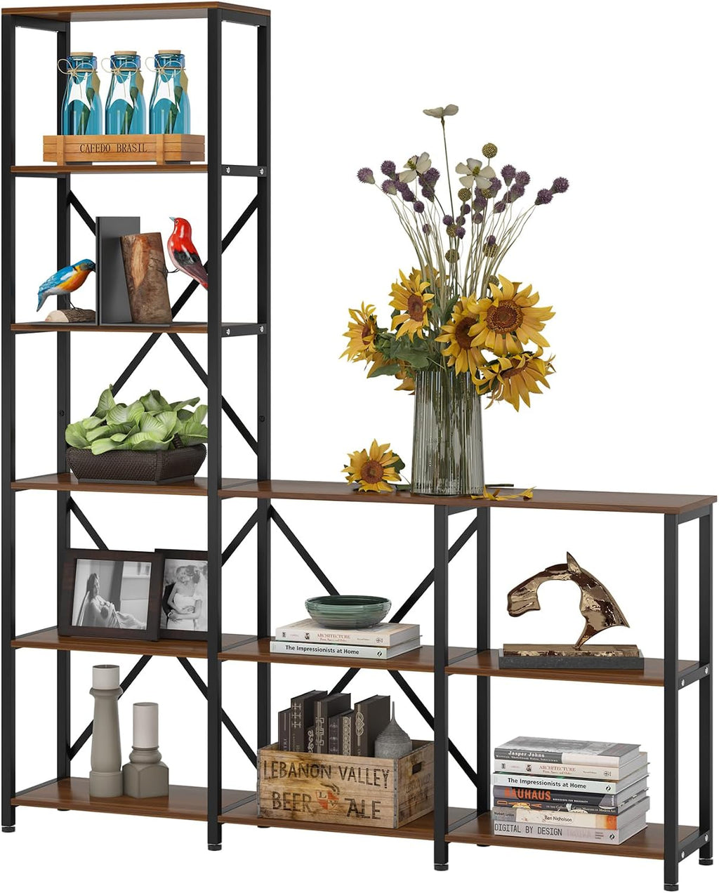 Tribesigns Modern 9 Shelves Bookshelves, Industrial Stepped Ladder Corner Etagere Bookcase, Rustic 6-Tier Display Open Shelf Storage Organizer for Living Room