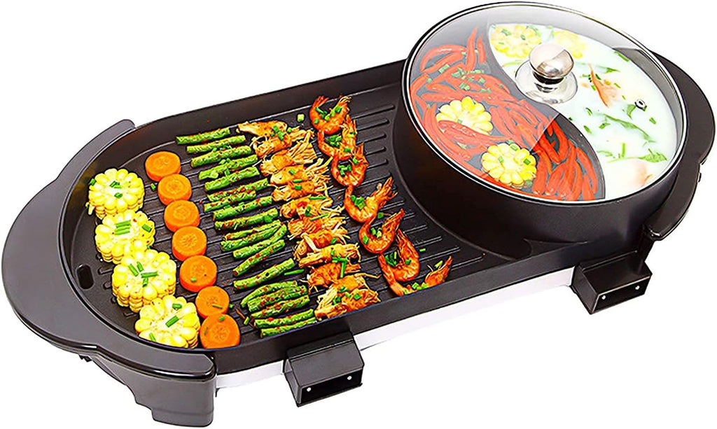 BBQ Smokeless Grill Electric Grill/Hot Pot,Portable Electric Grill with 5 Temperature adjustments, 2 in 1 Barbecue Grill Indoor Hot Pot Grill Chafing Dish, Household Multifunctional Non-Stick Pan El